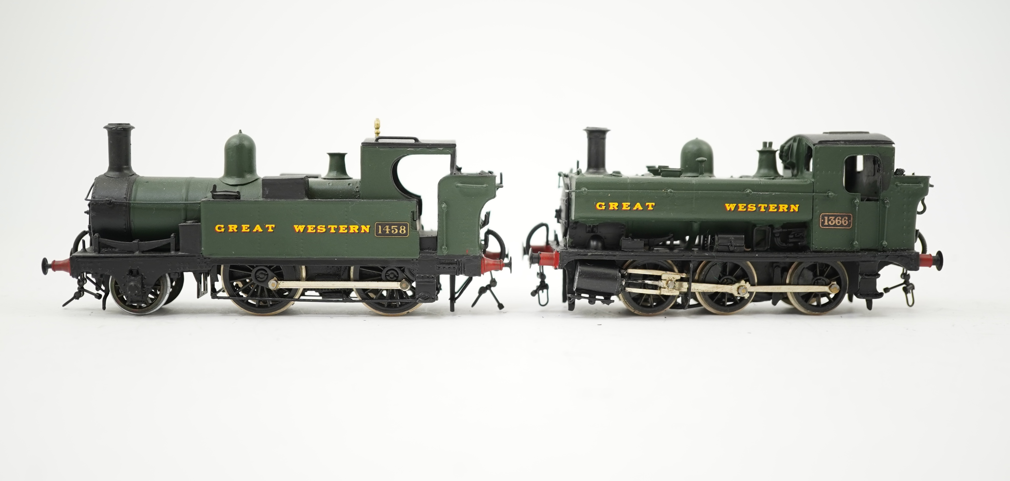 Two 00 gauge brass and white metal kit built GWR tank locomotives; a 1400 class 2-4-0T, 1458, together with an 1366 class 0-6-0PT, 1366, constructed, painted and lined to a high standard, both motored for two rail operat